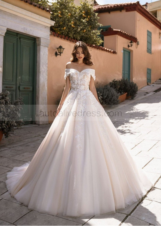 Off Shoulder Beaded Ivory Lace Champagne Tulle Romantic Wedding Dress